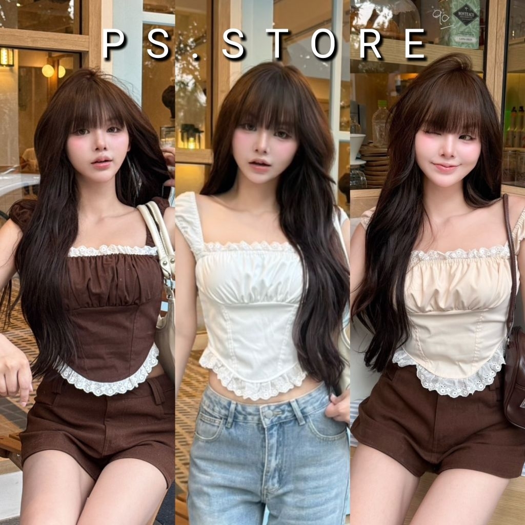 Dolly : เสื้อสายเดี่ยวดอลลี่ ชายปลายวี แต่งขอบลูกไม้ งานสม็อคหลัง