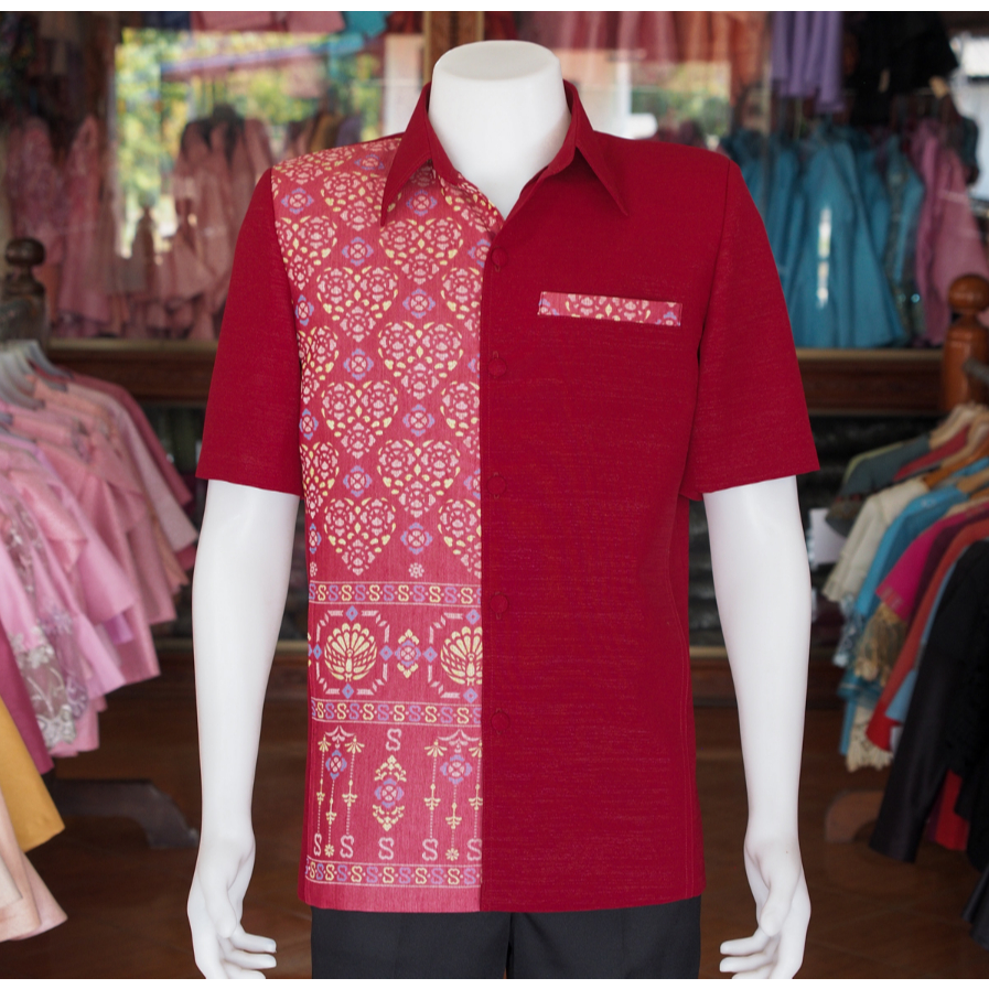 เสื้อสูทผ้าฝ้ายแต่งลายไทย สีม่วง อัดกาวทั้งตัว