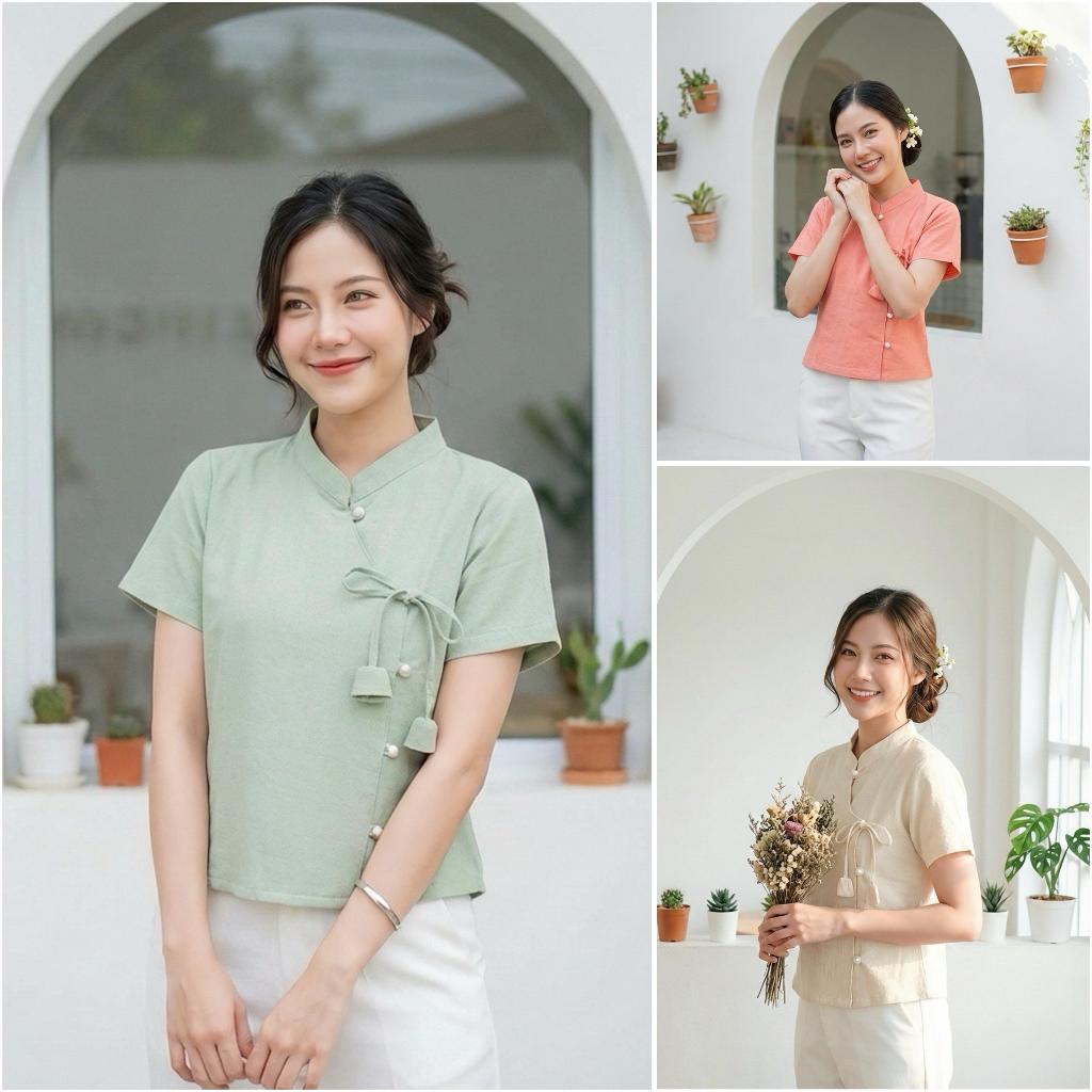 เสื้อผ้าฝ้ายผู้หญิง ผ้าอ้อมC100 ผูกโบว์ดอกทิวลิป แต่งกระดุมมุก เสื้อผ้าฝ้าย