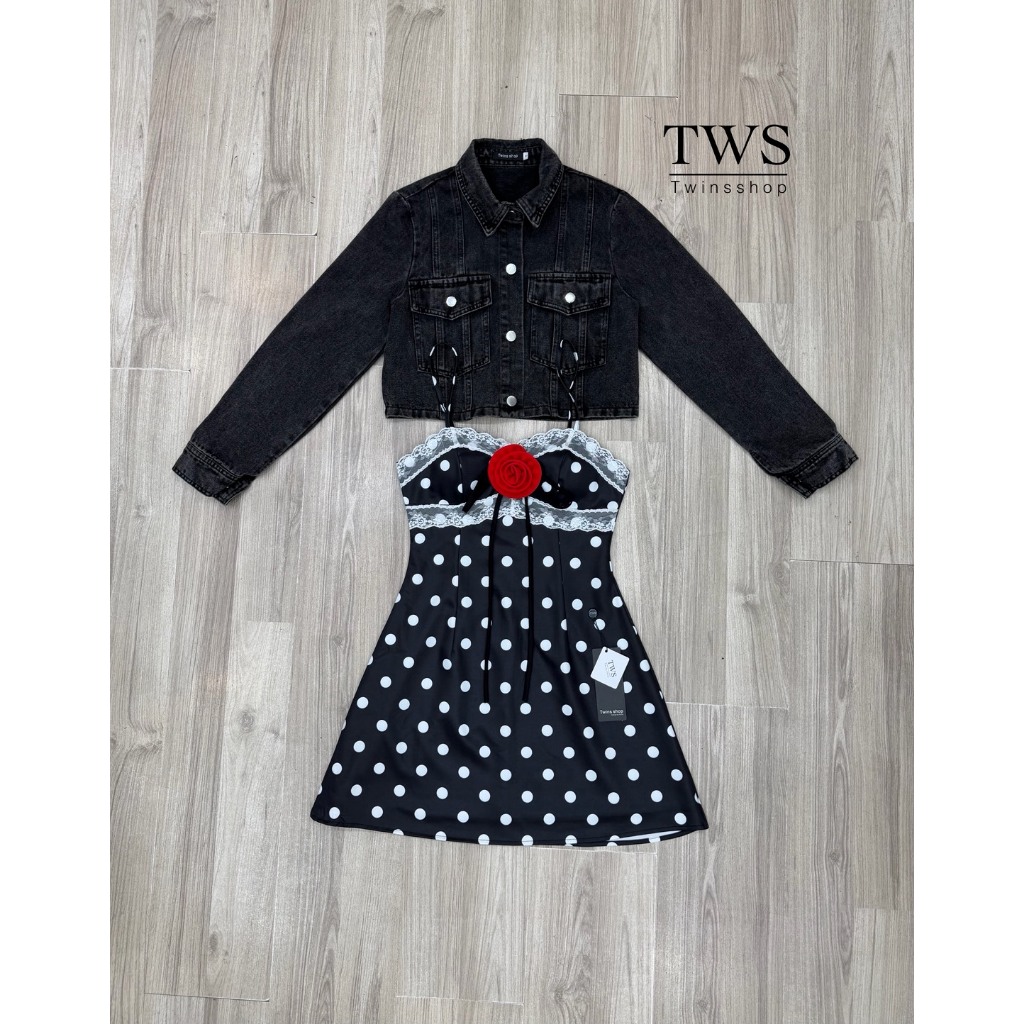 TWINS มินิเดรสลายจุด+เข็มกลัดกุหลาบ+เสื้อคลุมยีนส์ รูปที่ 3