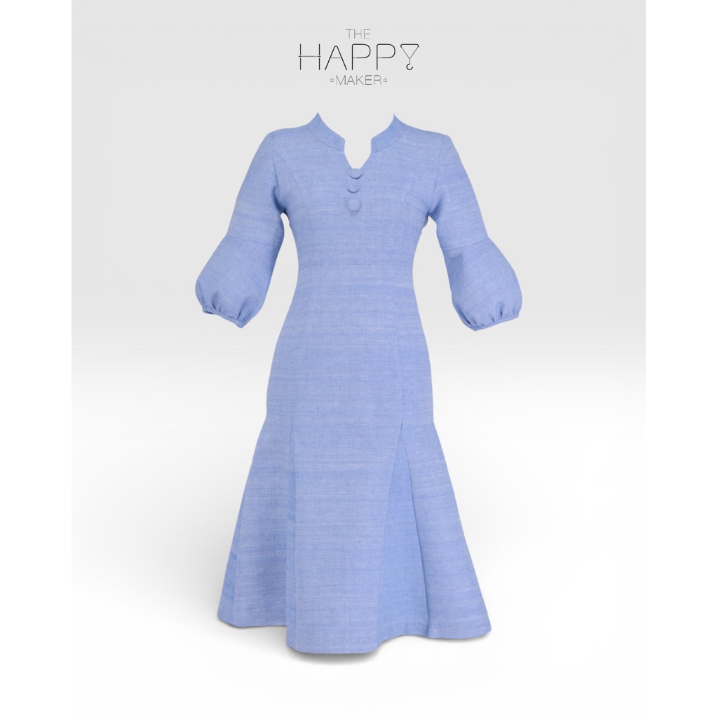 [แบรนด์ไทย] ชุดทำงานผ้าไทยลายสายฝนสีฟ้าบลูยีนส์ทรงหางปลา ไม่แก่ ไม่เชย