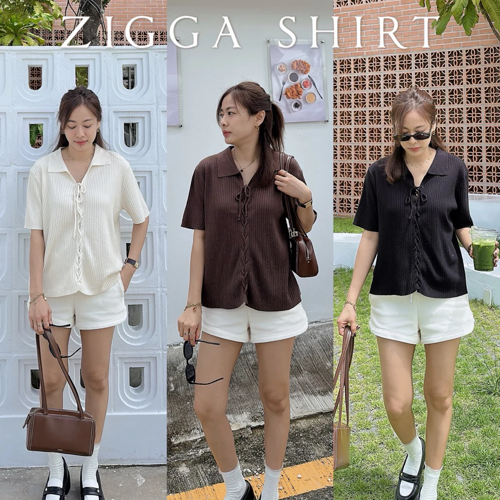 ใหม่! 𝐙𝐈𝐆𝐆𝐀 𝐒𝐇𝐈𝐑𝐓 เสื้อแขนสั้นผ้า Knit ดีเทลผูกเชือก (ผูกเชือกจากร้านแล้ว พร้อมใส่) ผ้านิ่มยืดหยุ่นได้เยอะ