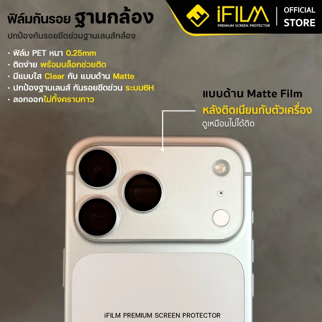 [Official] iFilm ฟิล์มกันรอย ฐานกล้อง + บล็อกช่วยติดตั้ง ติดง่าย For iPhone 17promax 17 pro 16 15 14 มี ผิวใส / ด้าน PET thumbnail 8