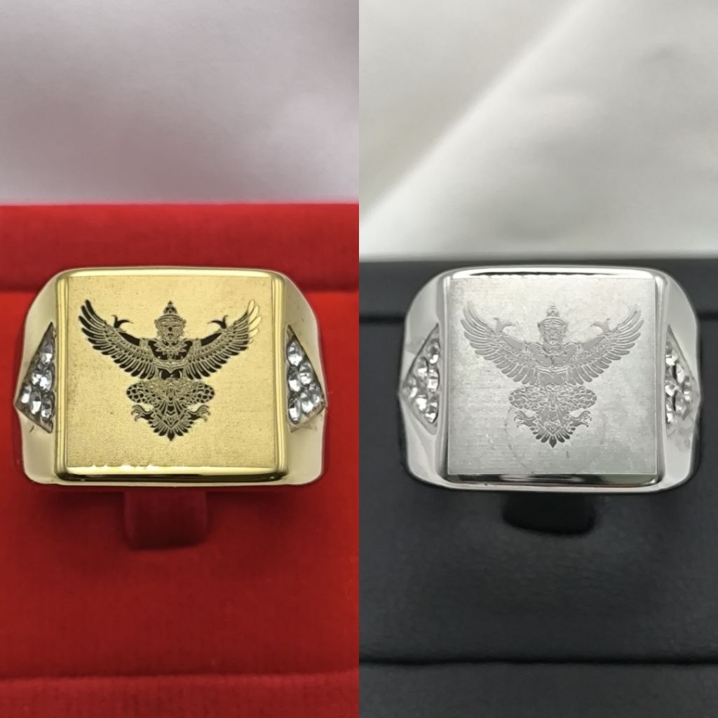 แหวนสแตนเลสยิงเลเซอร์พญาครุฑ ประดับด้วยพลอย CZ  ถ้าดำรับคืนทุกกรณี ใส่เสริมดวงเสริมบารมีให้ดียิ่งๆขึ้นไป