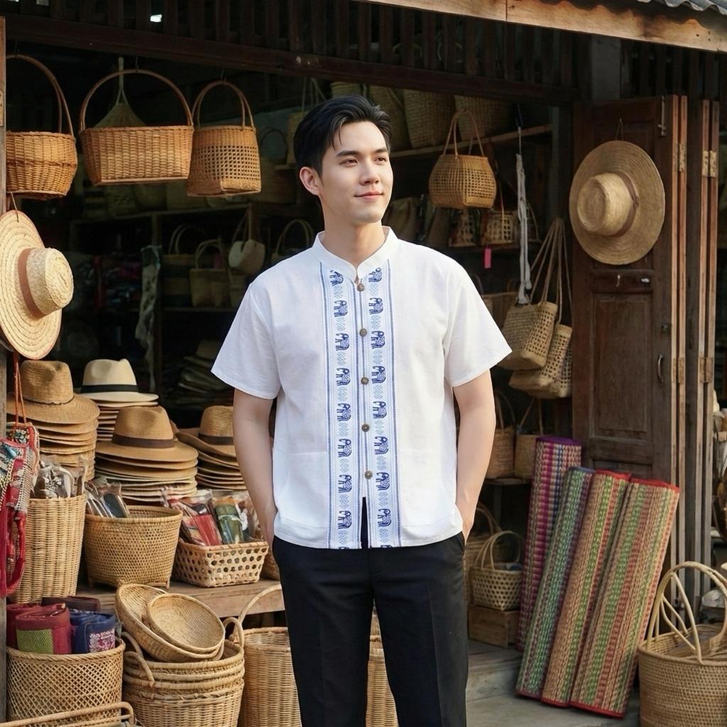 💥เสื้อพื้นเมืองชาย แต่งลายช้างทูโทนเนื้อผ้าฝ้ายชินมัย🔥🔥