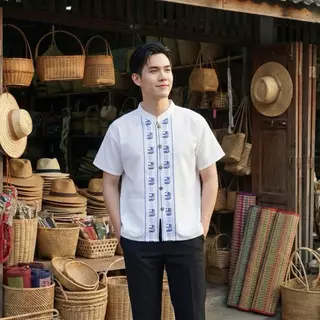 เสื้อผ้าฝ้ายผู้ชาย ลายช้าง ผ้าฝ้าย100% ใส่เที่ยวใส่ทำงาน เสื้อพื้นเมืองชาย
