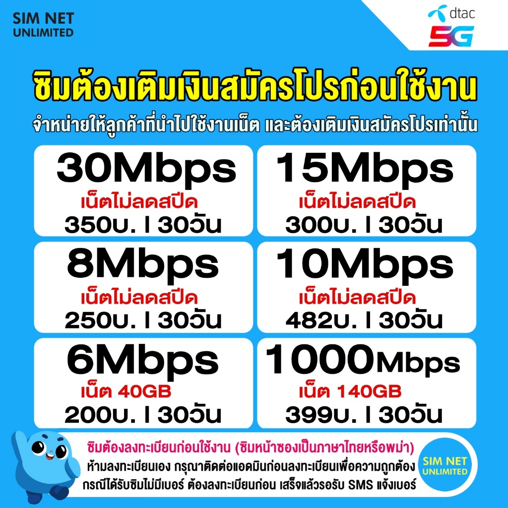 ซิมเทพ Dtac เล่นเน็ตไม่อั้น 8Mbps, 15Mbps, 30Mbps (ซิมต้องเติมเงินสมัครโปรก่อนใช้งานเน็ต)