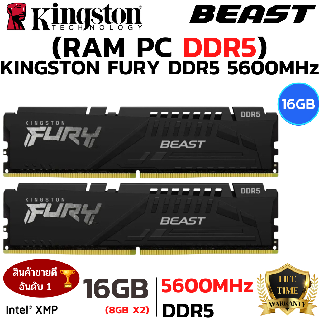 RAM 16GB (8GBx2) DDR5 5600MHz (หน่วยความจำ) KINGSTON FURY BEAST DDR5 (BLACK) (KF556C40BBK2-16)
