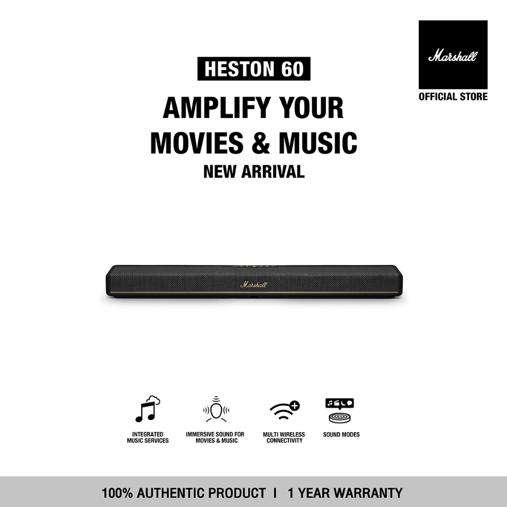 [NEW ARRIVAL] MARSHALL Heston 60 Black - รับประกัน 1 ปี + ส่งฟรี + ผ่อน 0% สูงสุด 10 เดือน - ลำโพงซาวน์บาร์, ลำโพงบลูทูธ