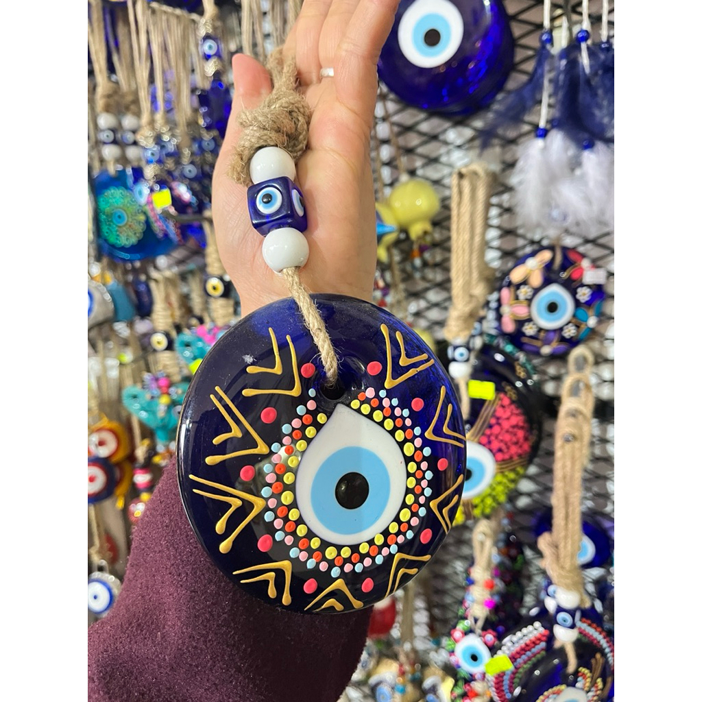 Evil eye ที่แขวนประดับบ้าน คกแต่งบ้าน วัสดุทำจากแก้ว ขนาด 10 ซม และ 13 ซมเพ้นท์ลายสไตร์ตุรกี