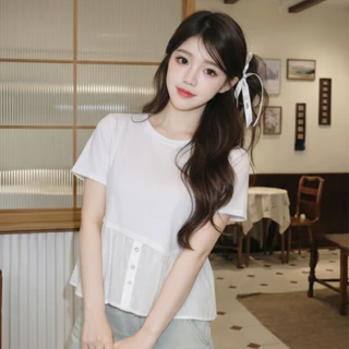 EVIOVIO【S-5XL】💫เสื้อยืดคอกลมดีไซน์ทูโทนที่ผสมผสานเสื้อยืดเข้ากับชายผ้าฉลุลายดอกไม้ ช่วยพรางหุ่น พร้อมส่งในไทย👜🎉