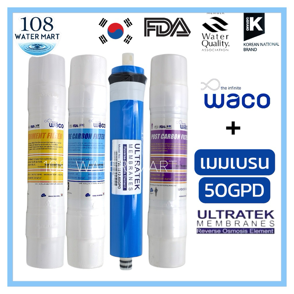 ชุดไส้กรอง 4 ชิ้น Waco set RO membrane Ultratek 50GPD 75GPD 100GPD 150GPD Aquatek 85GPD 150GPD