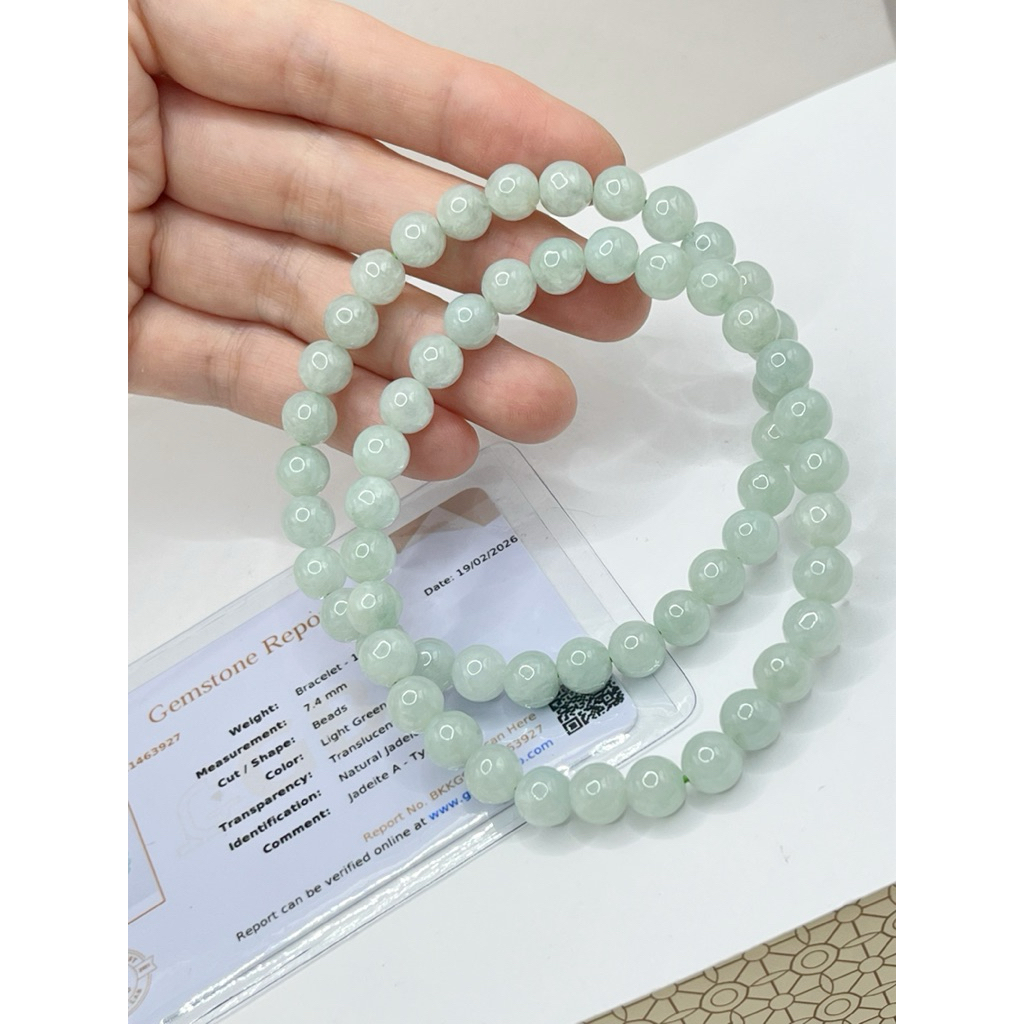 สร้อยหยกพม่าแท้มีใบเซอร์(Authentic Burmese jade bracelet with certificate)หยกเขียวแอปเปิ้ลพาสเทลหายาก นำโชคและพลังงานบวก