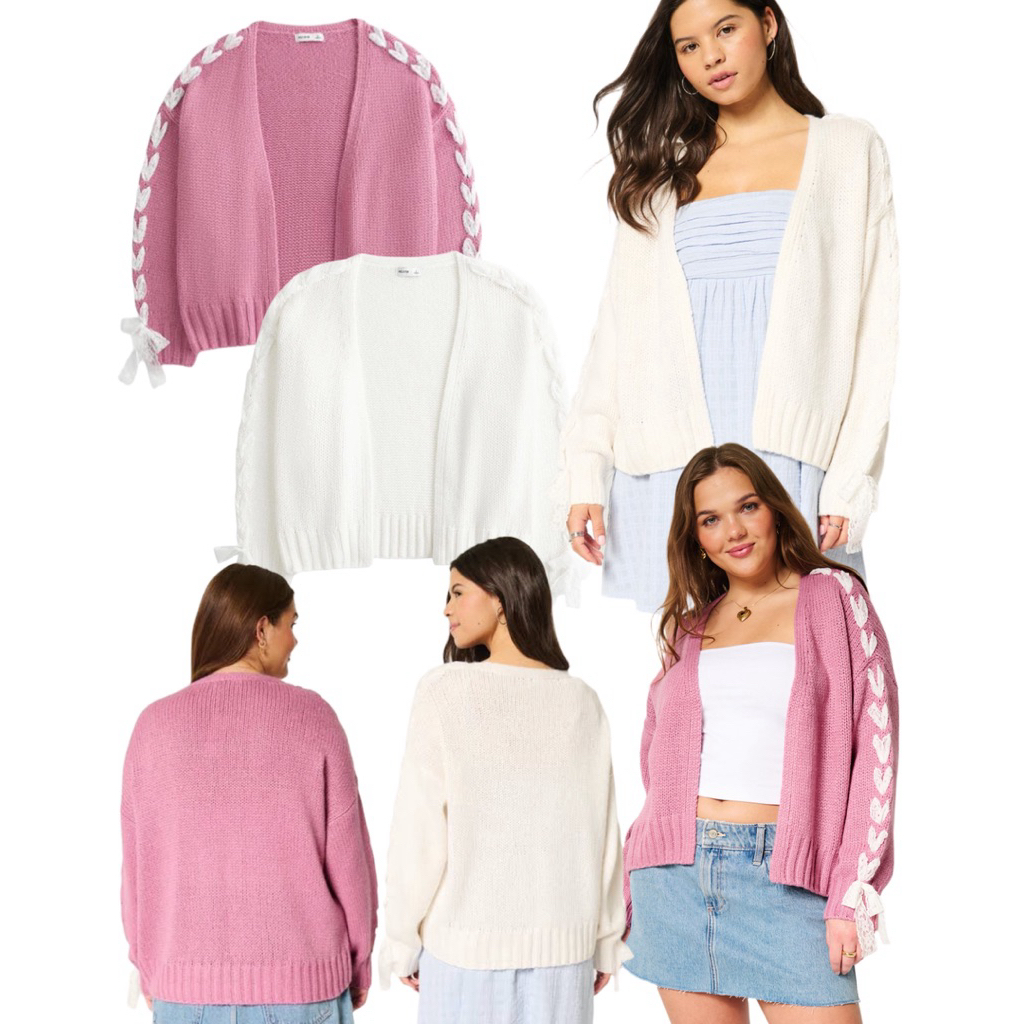 (ของแท้💯) Hollister easy no-close lace sleeve cardigan คาดิแกนไหมพรม แต่งริบบิ้นลูกไม้สีขาวที่แขน