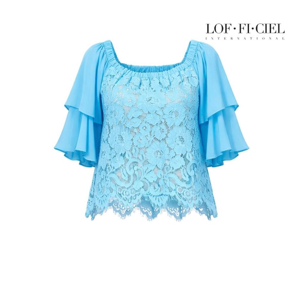 Lofficiel เสื้อเบล้าผ้าลูกไม้เปิดไหล่ สีฟ้า FR2LBU