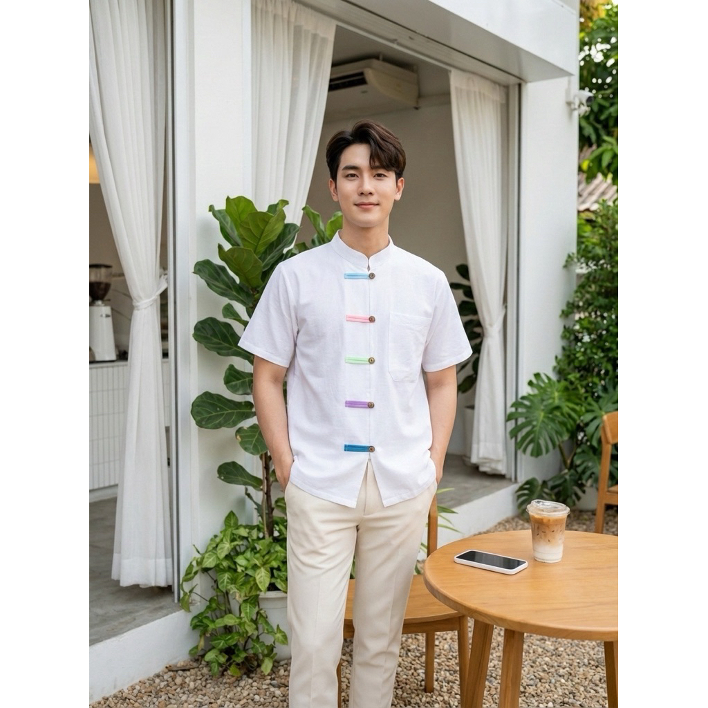 เสื้อพื้นเมืองผู้ชาย คอจีนติดหูกระดุมโชว์ หลากสี