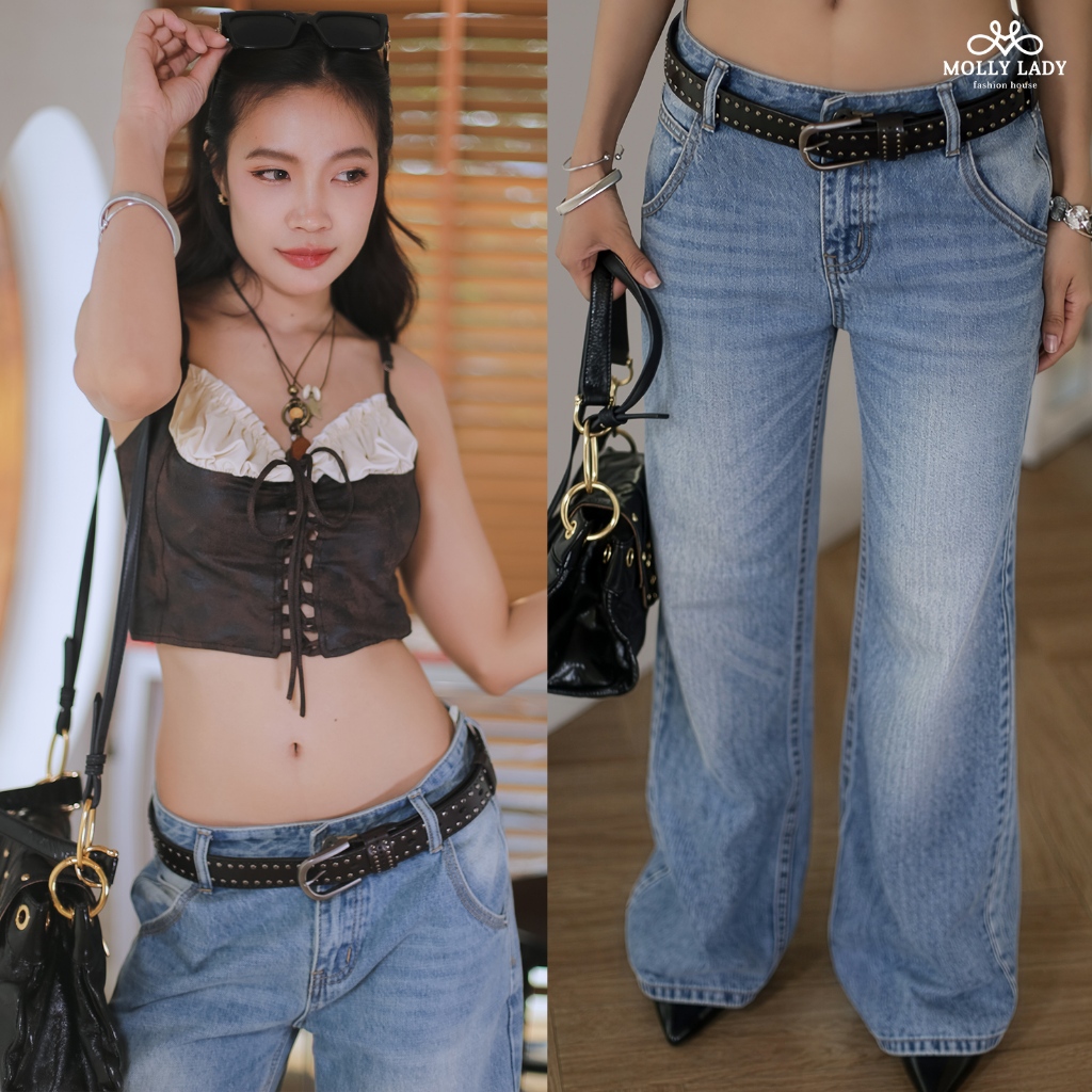 Molly Lady - Low Rise Jeans กางเกงเอวต่ำ ขากระบอก กระเป๋าเฉียง straight-leg jeans