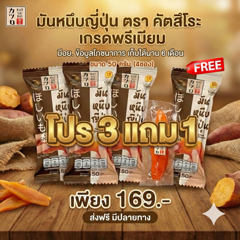 [ 3 แถม 1 ] มันหนึบญี่ปุ่น ตรา คัตสึโระ ขนาด 50 กรัม (4ซอง) ของฝากเกรดพรีเมียม มีอย. ข้อมูลโภชนาการ