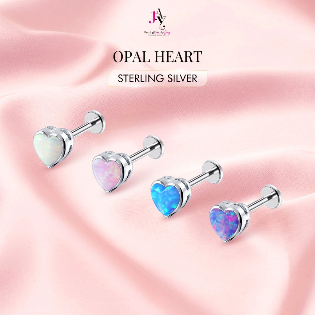 Piercingroom by Jay จิว/ต่างหู แป้นแบน สำหรับผิวแพ้ง่าย Opal Heart แป้นแบน เงินแท้ (ราคาต่อชิ้น)