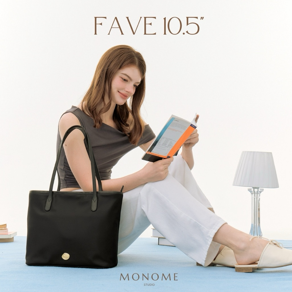FAVE 10.5 นิ้ว  สีดำ, Tote bag กระเป๋าโท้ท ผ้าพรีเมียมไนลอน สายหนังแท้ MONOME