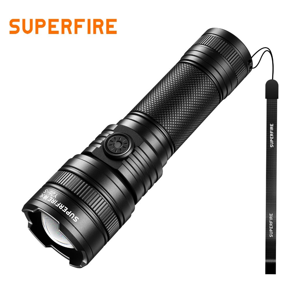 SUPERFIRE Y26-S ไฟฉายLEDชาร์จได้ซูมได้สว่างจ้าไฟเหลืองขาวยิงไกลกันน้ำหรี่ได้หลายระดับสปอตไลท์ฟลัดไลท์แคมป์ปิ้ง