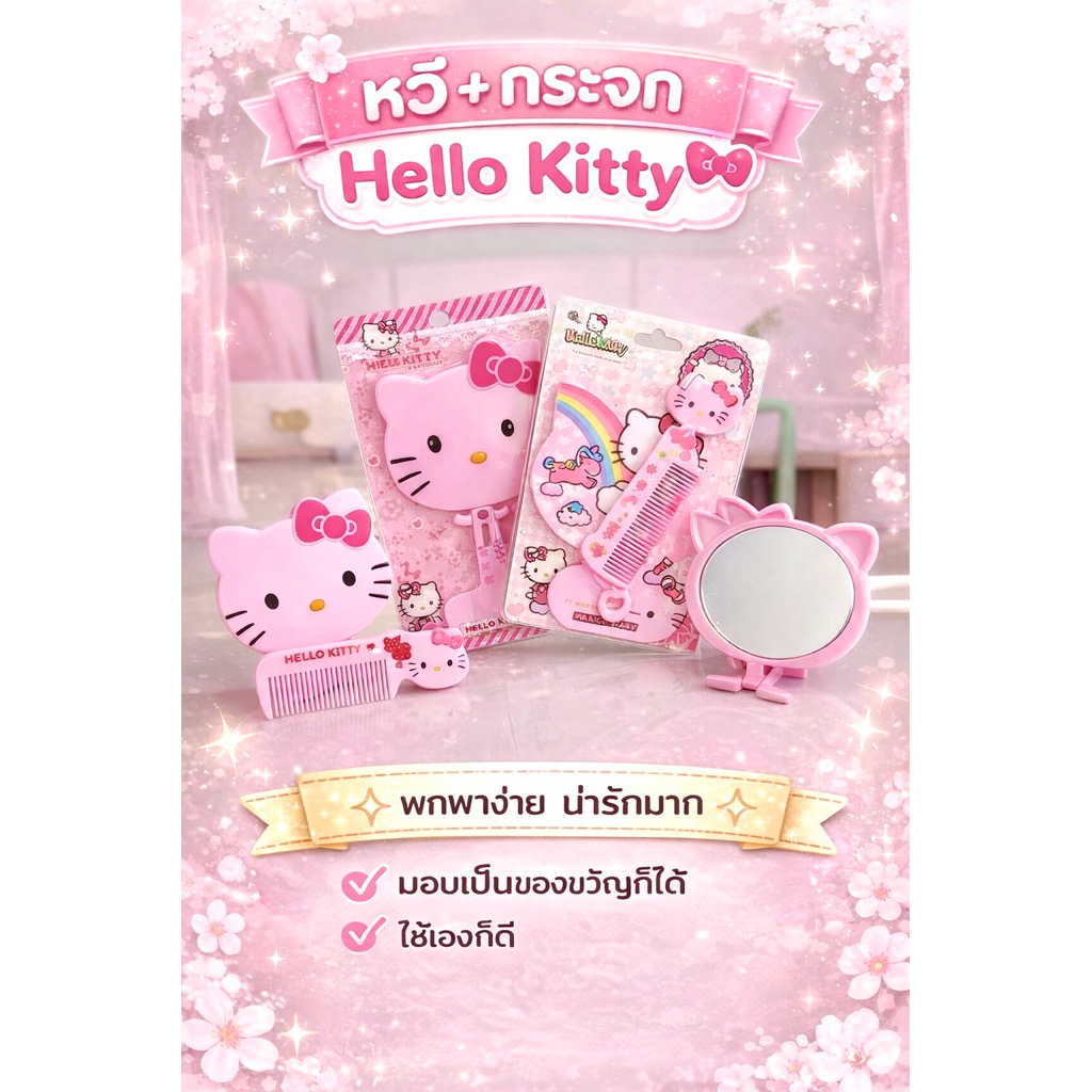 ✨ถูกที่สุด✨ เซตคิตตี้พกพา 2in1 (หวี+กระจก) Hello Kitty 1เซต ได้ 2ชิ้น ของมันต้องมี! (มี2ขนาดให้เลือก)