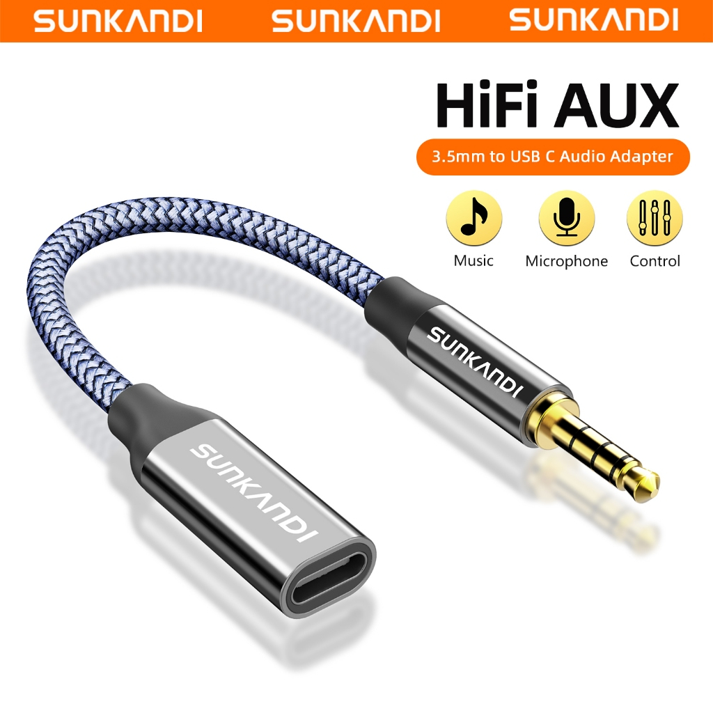 SUNKANDI ตัวแปลงชายเป็น Type-C ขนาด 3.5 มม., ตัวแปลงหูฟังรองรับการโทรไมโครโฟน