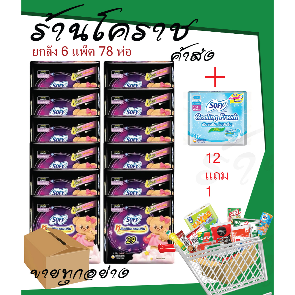 (ยกลังสุดคุ้ม รุ่นแถมฟรี1) โซฟีกลางคืน 29 cm 12+1 ผ้าอนามัยกลางคืน โซฟี ยกลัง 6โหล
