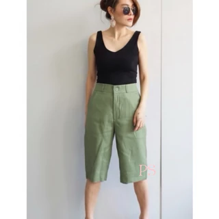 กางเกงลินินแท้100%ทรงขาสี่ส่วนแต่งกระเป๋าหลังM-5XL✅