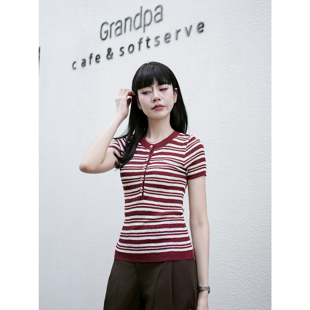 T00274 เสื้อไหมพรมถักลายทางเรโทร