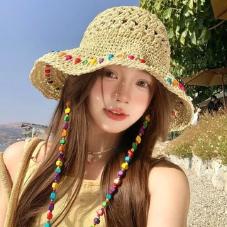 หมวกกันแดด แฟชั่นสไตล์เกาหลี สไตล์ins เดินป่า ระบายอากาศ กลางแจ้ง พร้อมสร้อยคอลูกปัดสี