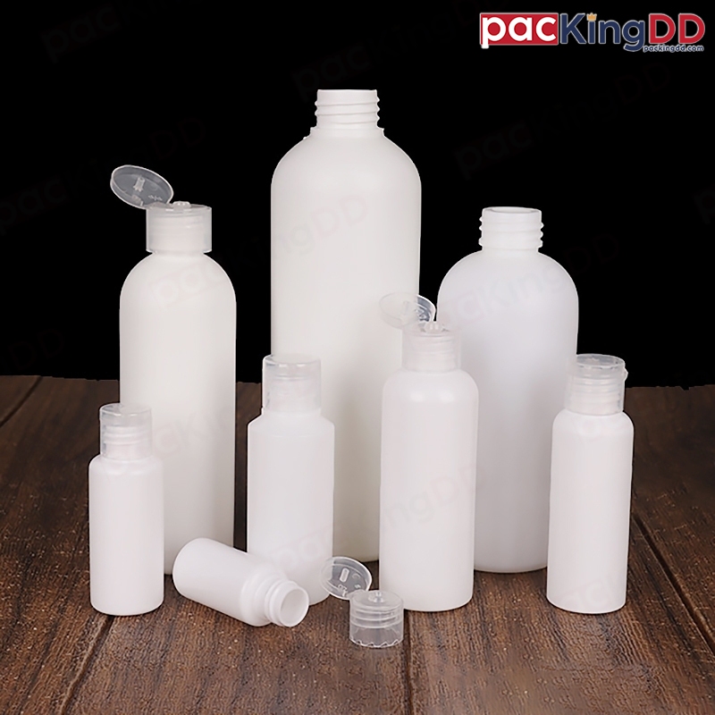(แพ็ค 10 ชิ้น) ขวดพลาสติก สีขาว ฝาฟลิบ ขนาด 30-100 ml. #P416  ฝาพับ ขวดเปล่า PackingDD