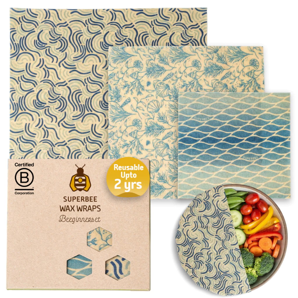 SuperBee ผ้าไขผึ้งห่ออาหาร ล้างใช้ซ้ำ 2 ปี Beeswax Wrap for Food, Set of 3 Reusable Bees Wax Wraps