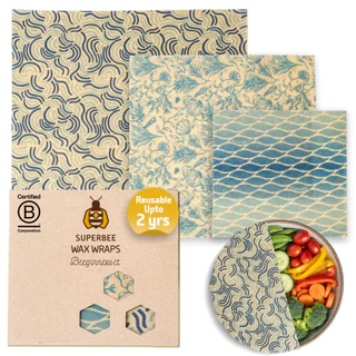 SuperBee ผ้าไขผึ้งห่ออาหาร ล้างใช้ซ้ำ 2 ปี Beeswax Wrap for Food, Set of 3 Reusable Bees Wax Wraps