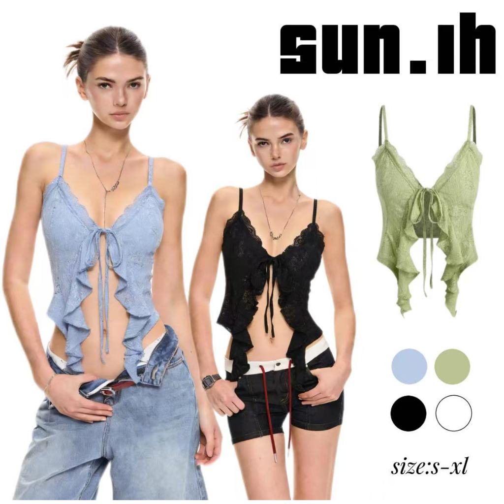SUN🛍️พร้อมส่ง🛍️เสื้อครอปผ้าลูกไม้ระบายผูกเอว