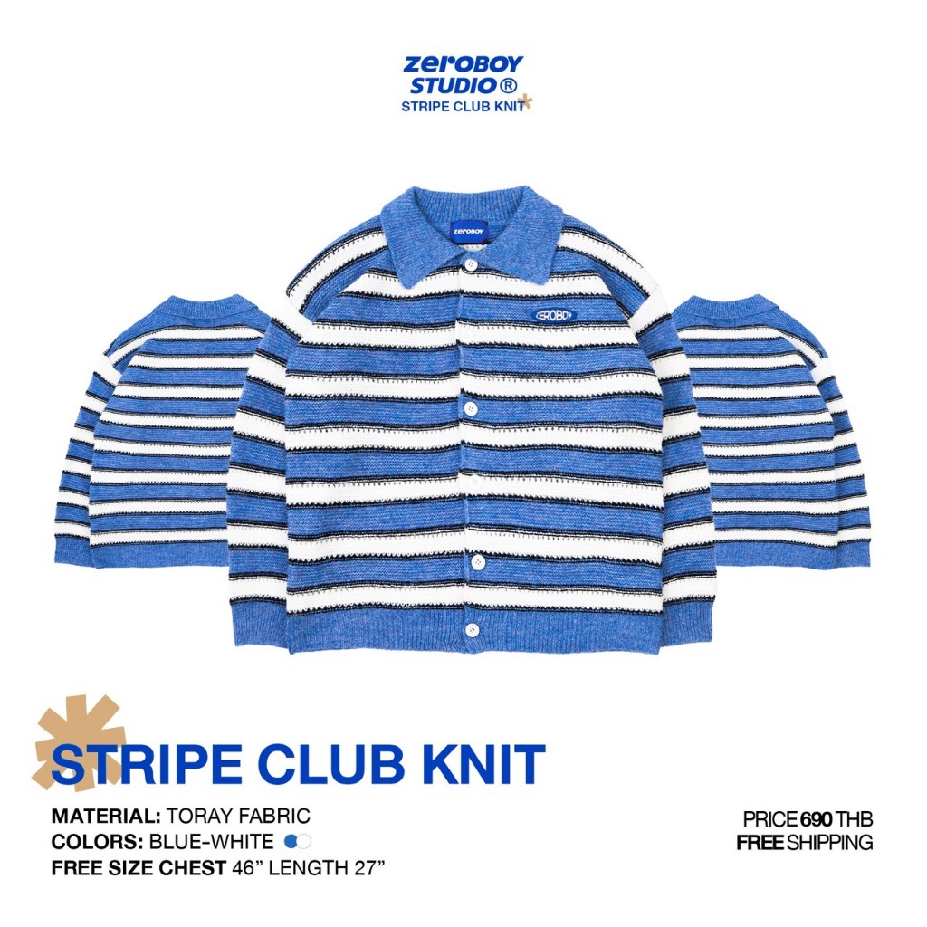 ZEROBOY® — STRIPE CLUB KNIT " ไหมพรมลายทางโทนน้ำเงิน–ขาว "