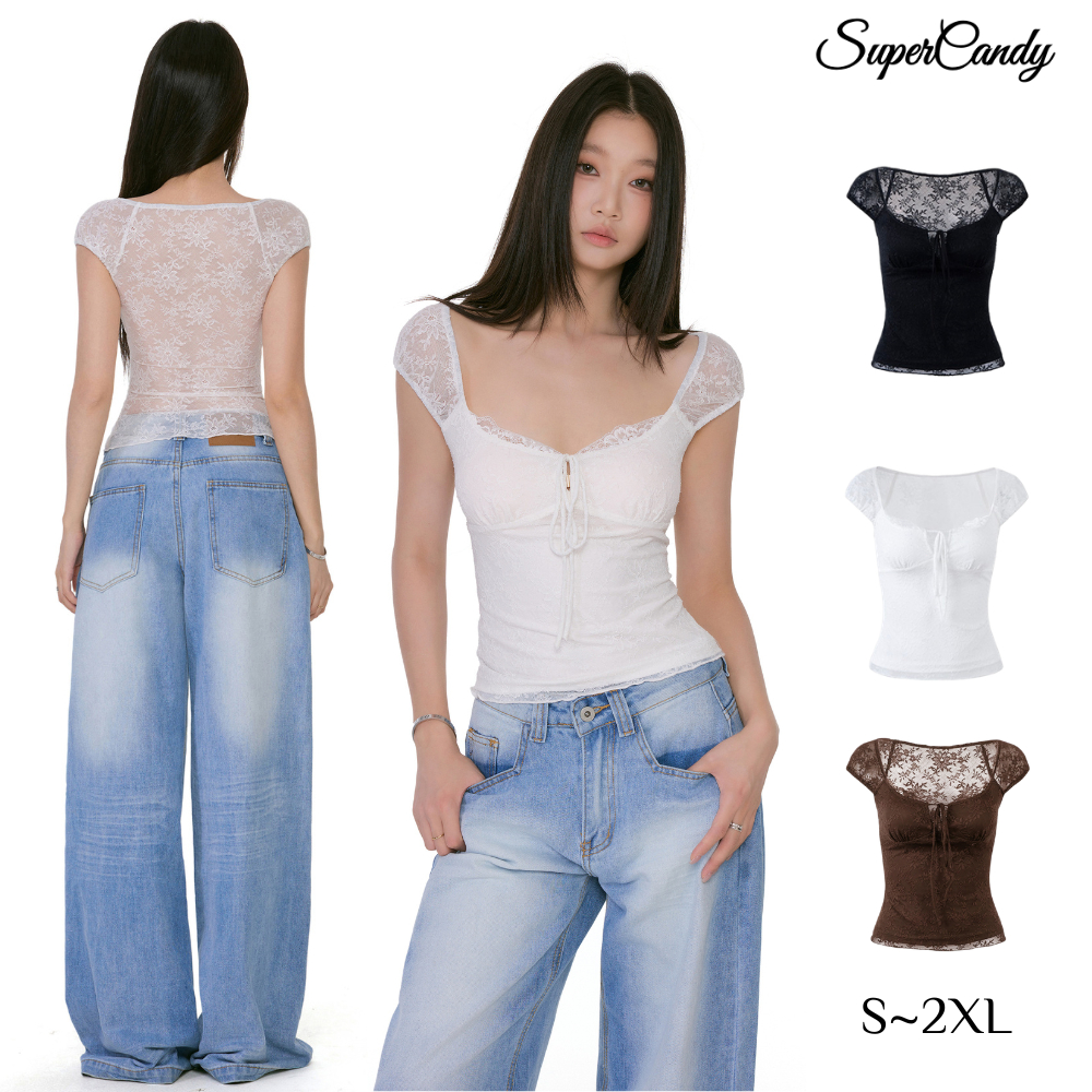 SuperCandy🌷เสื้อยืดคอเหลี่ยมสีดำ/ขาว ทรงเข้ารูป ผูกเอว ตกแต่งด้วยลูกไม้ เหมาะสำหรับฤดูร้อน