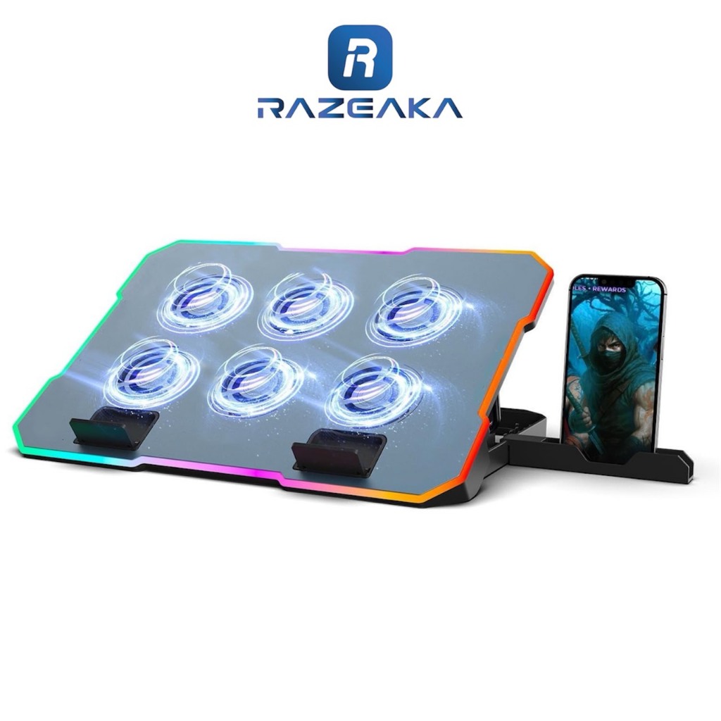 RAZEAKA RF-01 พัดลมโน๊ตบุ๊ค Cooling pad gaming 9-17นิ้ว Laptop Cooling Pad พร้อมที่วางโทรศัพท์มือถือ 6 ใบพัด RGB