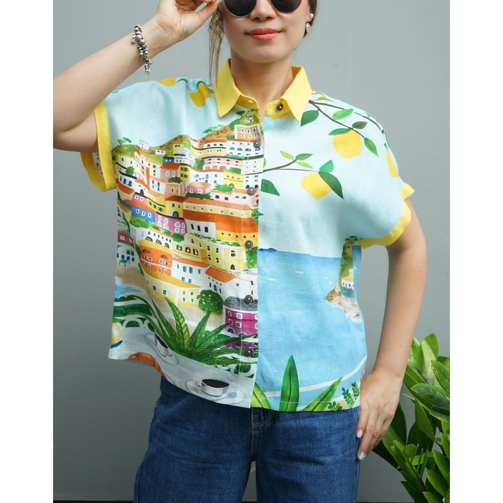 5th Jan เสื้อเชิ้ต คอปก แขนในตัว กระดุมผ่าหน้า ชายเสื้อตรง ผ้าลินินแท้ 100% พิมพ์ลายทิวทัศน์ “อก 45 