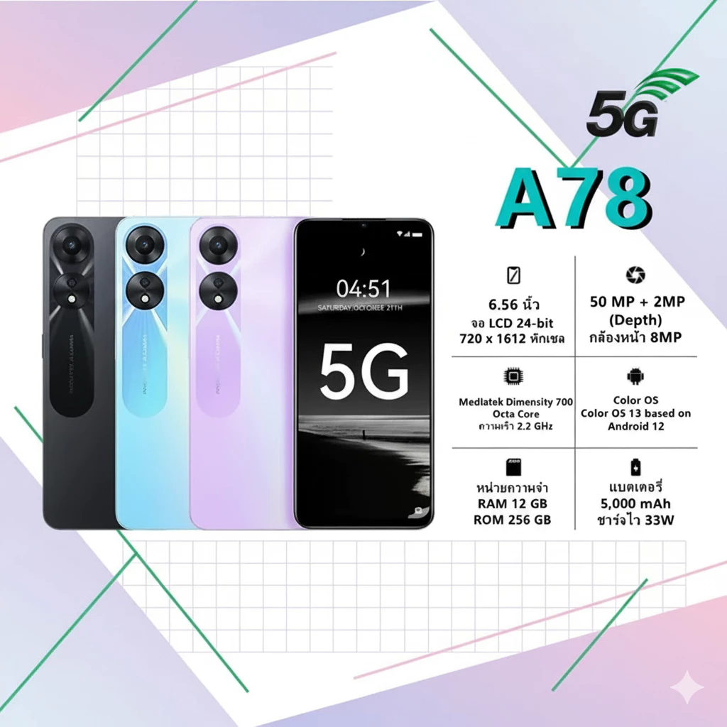OPPO A78 5G 5G สมาร์ทโฟน(8GB/256GB) 90Hz 6.56 นิ้วHD แบตเตอรี่ 5000mAh กล้อง AI 50MP