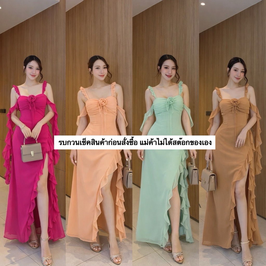 เดรสสายเดี่ยวยาว ดีไซน์สายเดี่ยวแต่งระบายช่วงบ่า