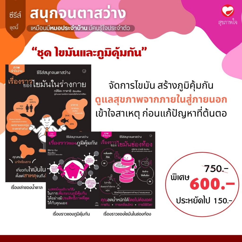 หนังสือ ชุด ไขมันและภูมิคุ้มกัน ผู้เขียน: ทสึจิดะ ทาคาชิ, อิชิฮาระ นีนะ และคุริฮาระ ทาเคชิ สำนักพิมพ์ สุขภาพใจ