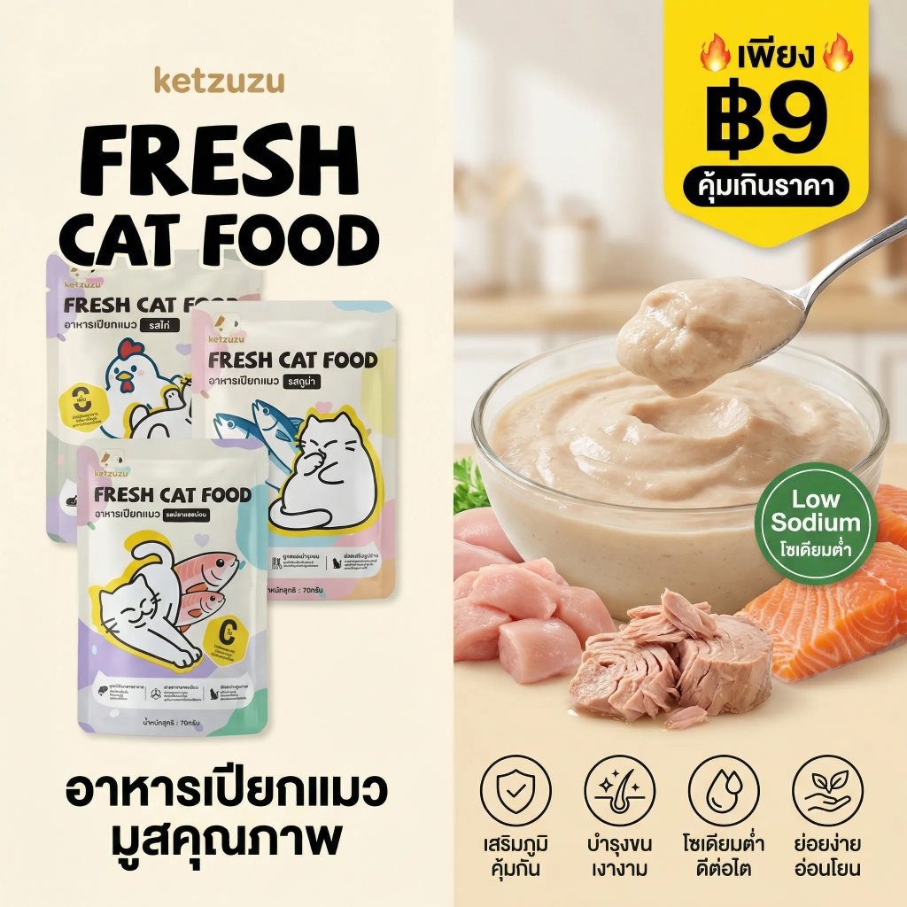 Ketzuzu อาหารเปียกแมว 70g สูตรโซเดียมต่ำ ไม่เค็ม บำรุงไต เสริมวิตามินและทอรีน