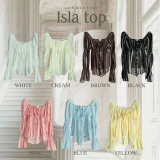 ISLA TOP เสื้อปาดไหล่แขนยาว แต่งระบายผูกโบว์หน้า (เย็บอะไหล่) ผ้าใส่สบาย Size M,L ใส่ได้หลายแบบ - S110 เสื้อผ้าผู้หญิง