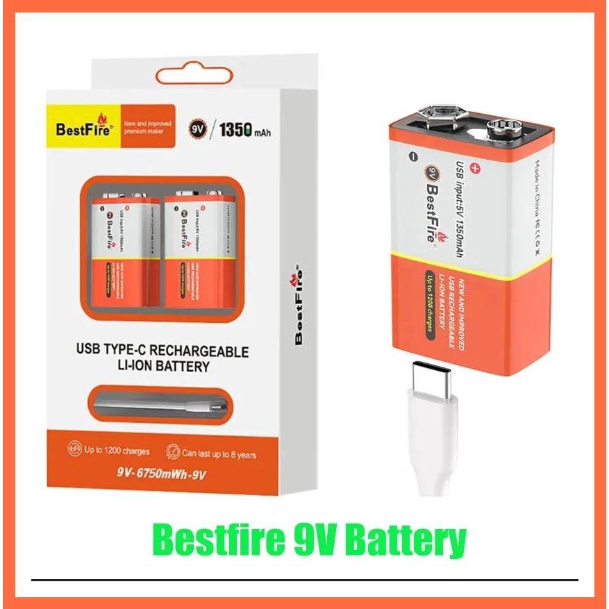 BestFire 9V - 1350mAh ถ่านชาร์จใหม่ได้ ความจุสูงสุดถึง9V-6750mWhสำหรับขนาด 9V ที่ชาร์จผ่านUSBUSB Type-C