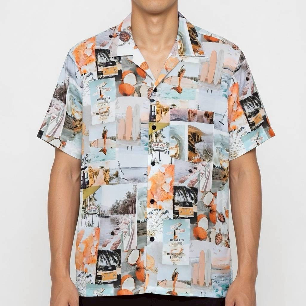 เสื้อเชิ้ตฮาวาย ลายทะเลฮาวายฟ้าใส (พื้นสีฟ้า) ผ้าไหมอิตาลี