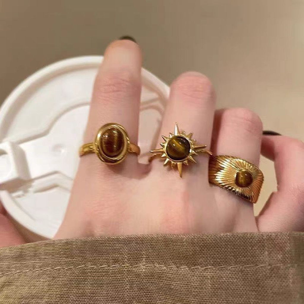 Tiger Eye Ring แหวนแฟชั่นผู้หญิง แหวนหินตาเสือสีทอง วินเทจหรู แฟชั่นผู้หญิง (เซต 3 ชิ้น) 🔥