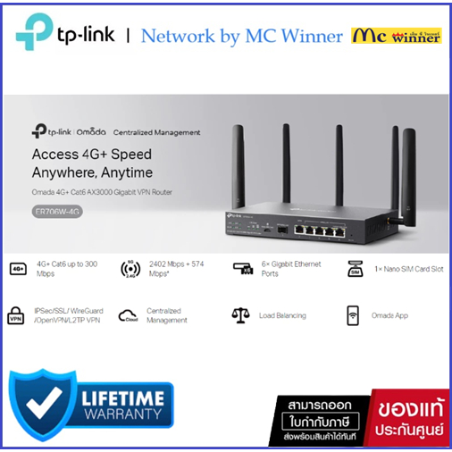 TP-LINK (ER706W-4G) Omada 4G+ Cat6 AX3000 Gigabit VPN Router