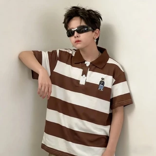 เสื้อโปโลผ้าฝ้ายแท้สำหรับเด็ก ลายหมีการ์ตูนปักลาย แขนสั้น สไตล์เกาหลี ใส่ได้หลายโอกาส เนื้อผ้านุ่มสบาย