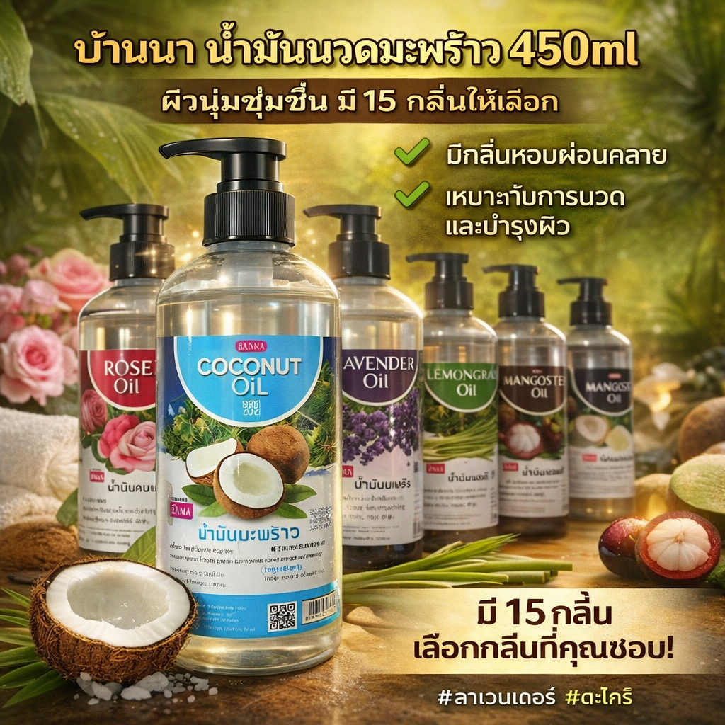 Banna Massage Oil 450ml น้ำมันนวดมะพร้าว ผิวนุ่มชุ่มชื้น มี 15 กลิ่นให้เลือก
